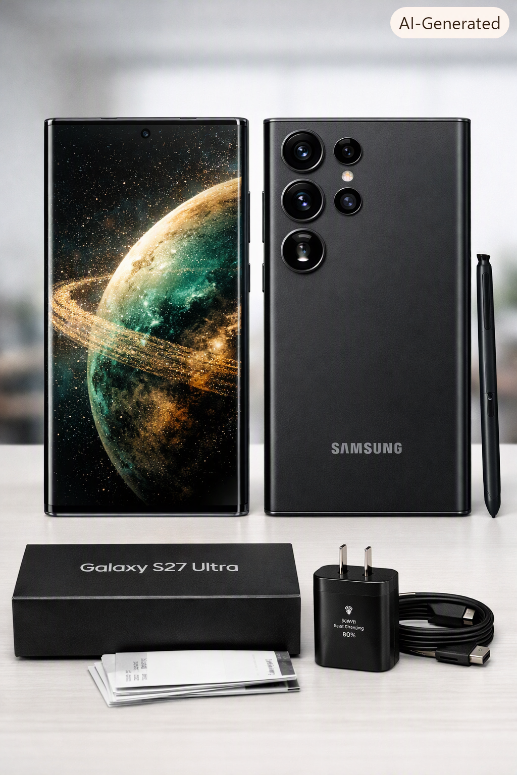 📸 Back‑View Image Specification
Scene setup

Device centered, rear side facing camera

Matte Phantom Black finish with subtle reflections

Quad‑lens camera array visible in upper‑left corner

“SAMSUNG” logo near the bottom center

White studio background with soft daylight illumination

Composition details

Slight top‑down angle (≈ 15°) to emphasize camera depth

Focus on titanium frame curvature

Even lighting to highlight lens glass and texture

Shallow depth of field — phone sharp, background blurred

R