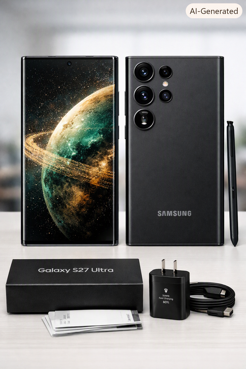 📸 Back‑View Image Specification
Scene setup

Device centered, rear side facing camera

Matte Phantom Black finish with subtle reflections

Quad‑lens camera array visible in upper‑left corner

“SAMSUNG” logo near the bottom center

White studio background with soft daylight illumination

Composition details

Slight top‑down angle (≈ 15°) to emphasize camera depth

Focus on titanium frame curvature

Even lighting to highlight lens glass and texture

Shallow depth of field — phone sharp, background blurred

R