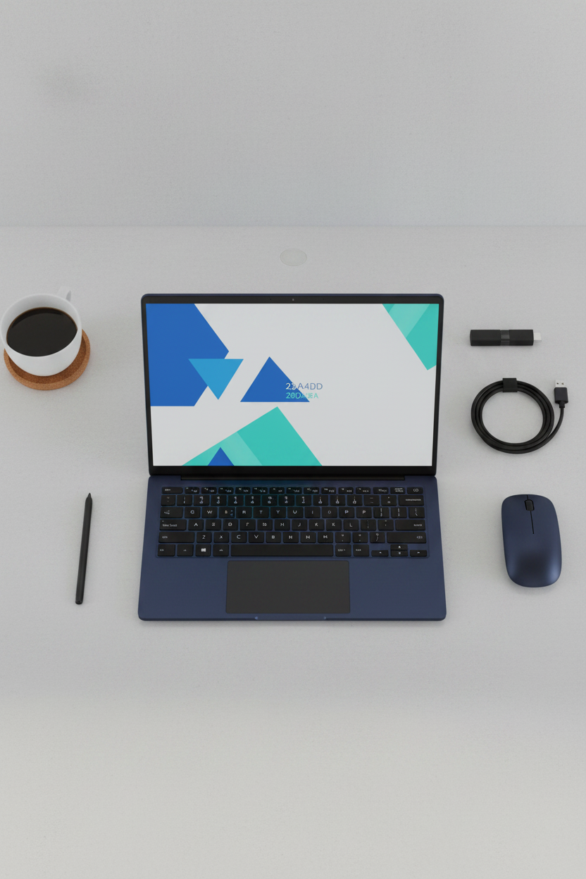 Ultrabook laptop top-down view on modern workspace desk
